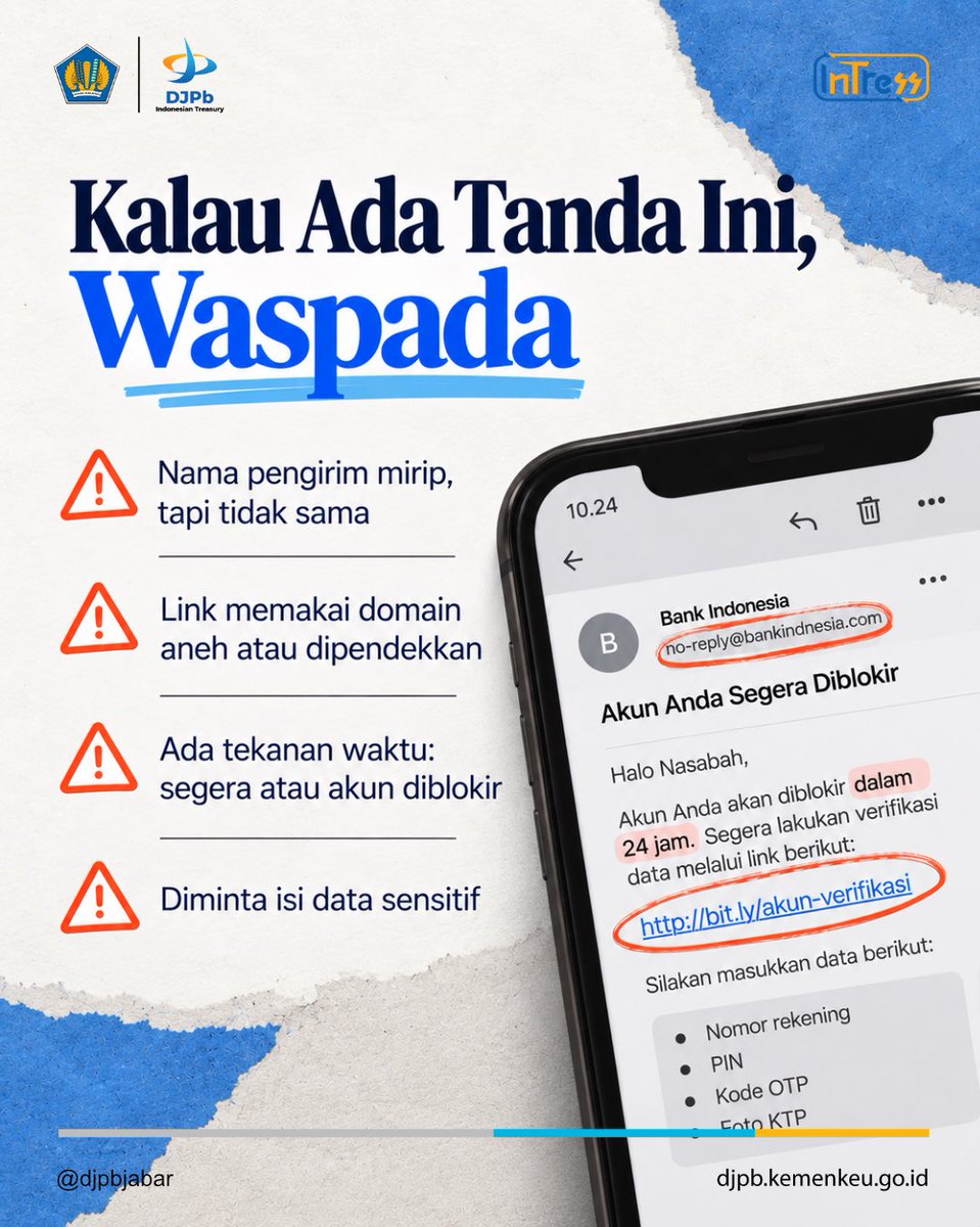 DJPbJabar's tweet photo. Jangan buru-buru klik tautan dari chat, email, atau SMS. Cek pengirim, alamat link, isi pesan, dan permintaannya. 

Jika ragu, verifikasi lewat kanal resmi dan jangan pernah membagikan OTP, password, atau data pribadi.

#DJPbJabar #DJPbHAnDAL #IndonesianTreasury https://t.co/UQ2wRh3JNi