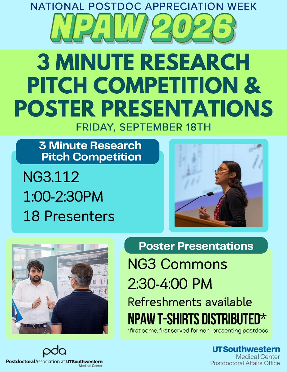 UTSWPostdocs's tweet photo. Looking forward to recognizing the contributions our postdocs make to research, discovery, and innovation here @UTSWScience!  We also love seeing them gain confidence in their scientific communication skills while sharing their ideas.  The Future of Medicine, today! #NPAW2026 https://t.co/XIJSO3Bq4U