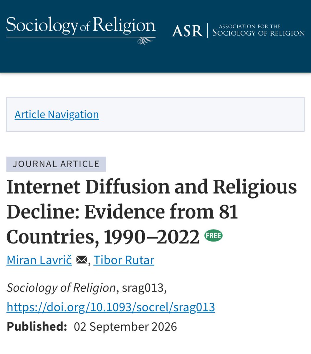 ryanburge's tweet photo. Well, we finally have a really rigorous answer to the question:

Did the Internet kill religion?

Yeah, it did. 

When Internet penetration rose, religiosity declined in a dataset of 81 countries. https://t.co/xHBpPwPTr8