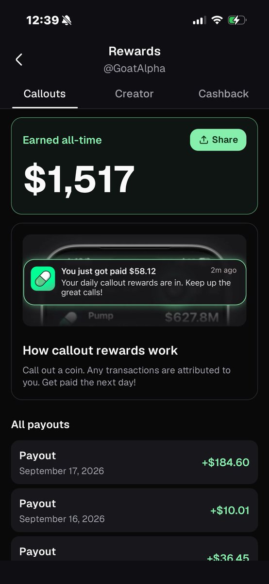 GoatAlphaCalls's tweet photo. Back to 3 figures in callout rewards $1517 so far lfg @Pumpfun https://t.co/9Gsbidos0L