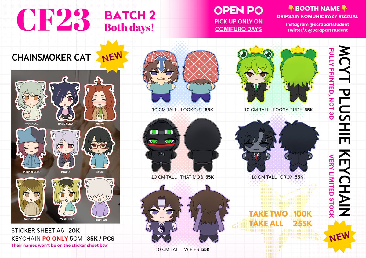 k1ppiy's tweet photo. SECOND BATCH is here ‼️ 
❤️&amp;🔄 are very appreciated 🤍 
Scrapartstudent's #CF23 

📌 ICE BSD
DRIPSAIN KOMUNICRAZY RIZZUAL (booth no. TBA)
📅 Batch duration : 18 Sept - 25 Sept

🔗: https://t.co/s9c9a8mXuA

#CF23Catalogue #comifuro23 #Comifuro23Catalogue #MCYT https://t.co/owhOeR5YZb