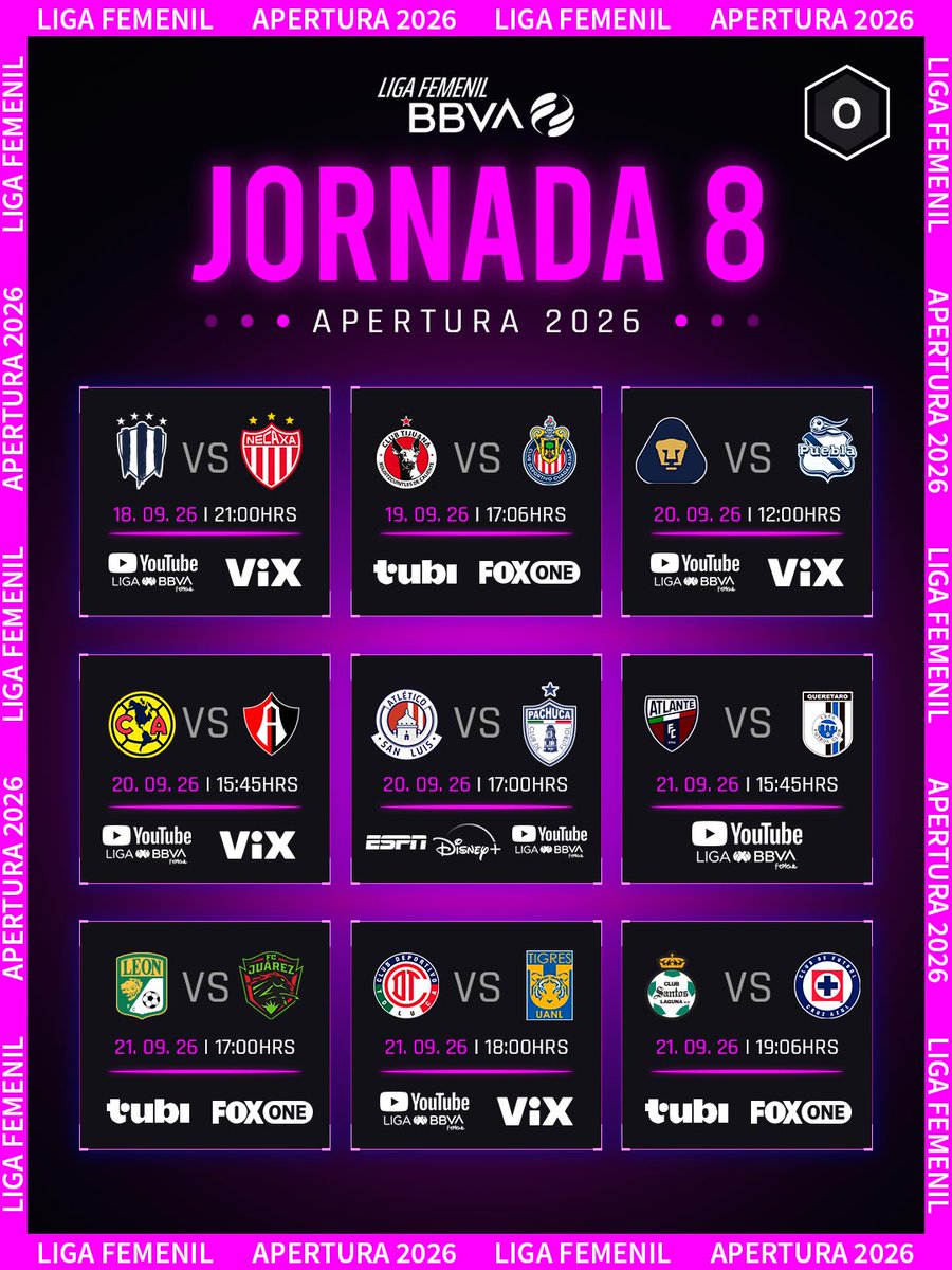 oscargspa's tweet photo. ¡FECHA 8 EN PUERTA! ⚽️🌸

Horarios y transmisiones listos para la Jornada 8 de la Liga MX Femenil.

¿Cuál es el juego más atractivo de la fecha? Los leo. 👇

#oscarmedelsports #LigaMXFemenil #Apertura2026 https://t.co/tuSbUWED1F