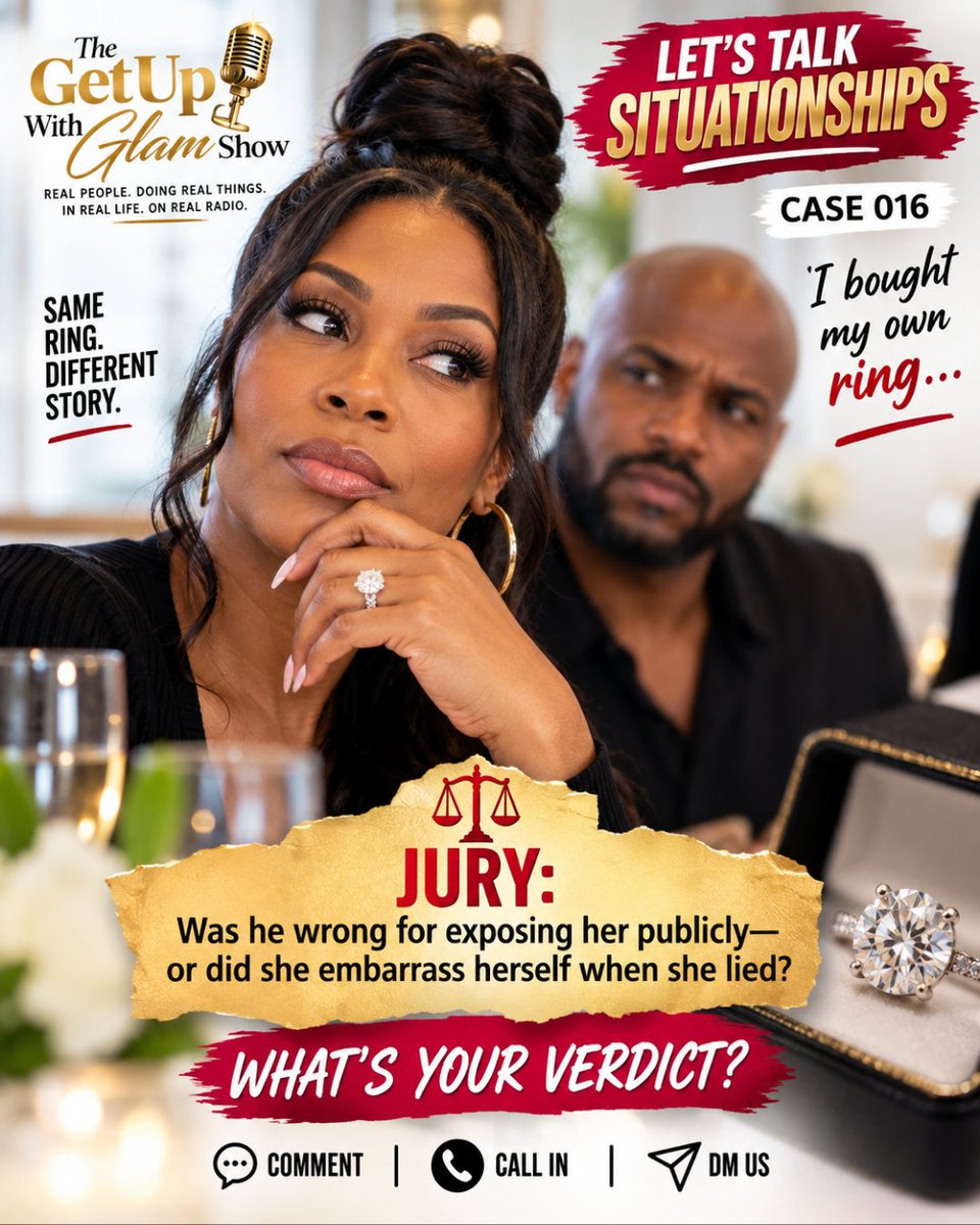 getupwithglam's tweet photo. She bought the ring but told everyone her boyfriend gave it to her. At dinner, he exposed the truth. 😳
⚖️ Did HE embarrass her—or did SHE embarrass herself by lying?

#Situationships #GetUpWithGlam https://t.co/1ooQm1FPIk