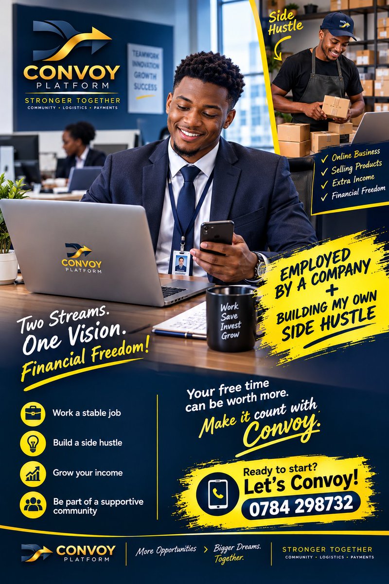 Katambulajulie3's tweet photo. Employed by a company + building my own side hustle.
Two streams. One vision. Financial freedom.
Join the Convoy Platform community and turn your free time into extra income.
Let’s Convoy!
0784 298732
#StrongerTogether #SideHustle #ConvoyPlatform https://t.co/Ez15uwYWE7