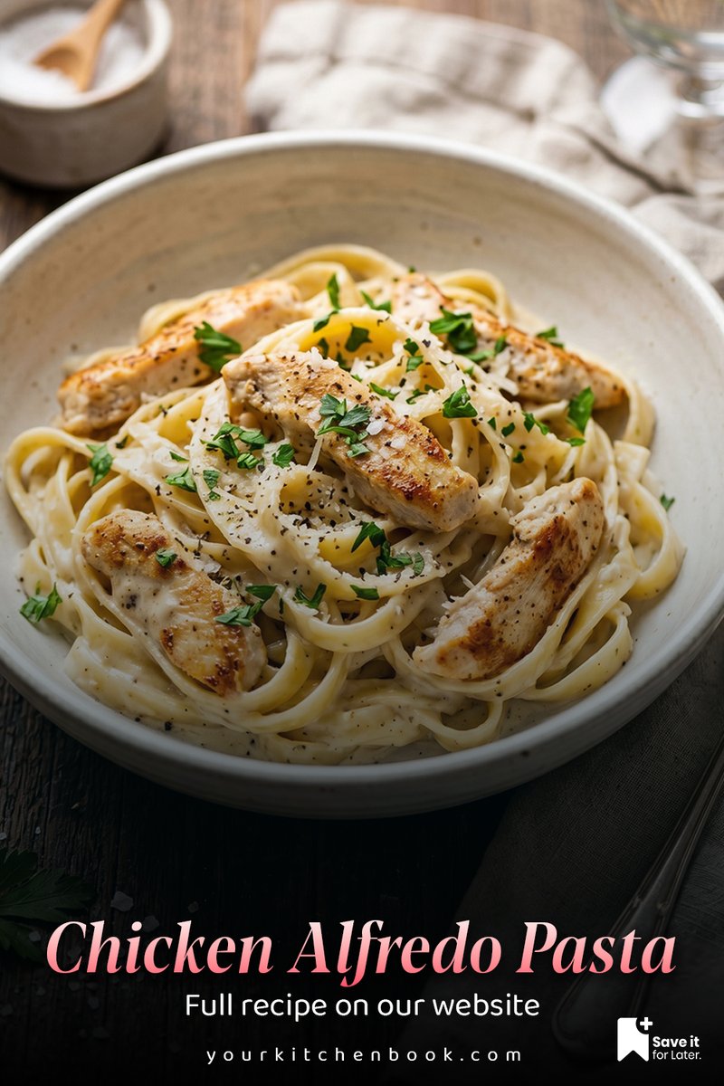YourKitchenBook's tweet photo. 🍝 Creamy Chicken Alfredo Pasta for dinner! Golden chicken, Parmesan sauce &amp; tender fettuccine come together in 40 minutes. 🤍

👉 Full recipe in the pin comment.

#ChickenAlfredo #EasyDinner #YourKitchenBook https://t.co/vZfZcjDgkK