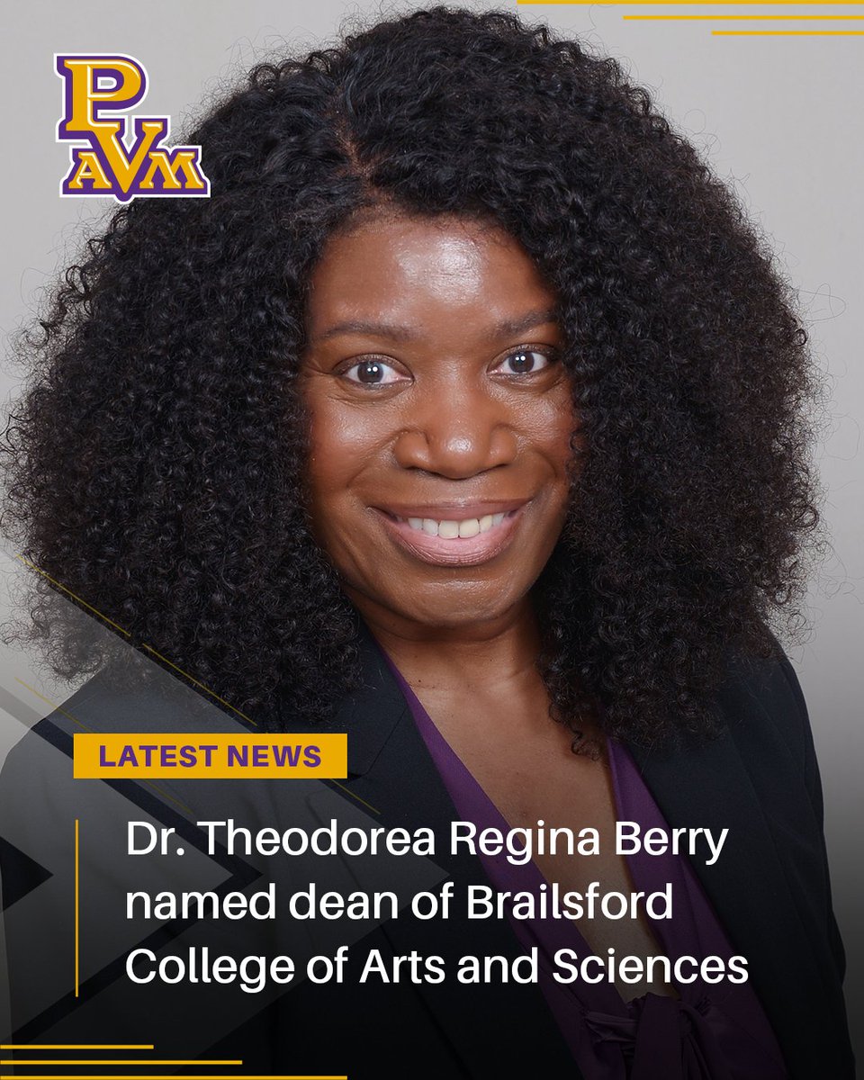 PVAMU's tweet photo. PVAMU welcomes Dr. Theodorea Regina Berry as the new dean of the Marvin D. and June Samuel Brailsford College of Arts and Sciences, effective Oct. 1.

Dr. Berry brings extensive academic and administrative leadership experience to PVAMU as the College begins a new chapter focused on strengthening academic collaboration, student pathways and research innovation.

Read more about Dr. Berry and her vision for the College: https://t.co/bbDnWUIxxw

#PVAMU