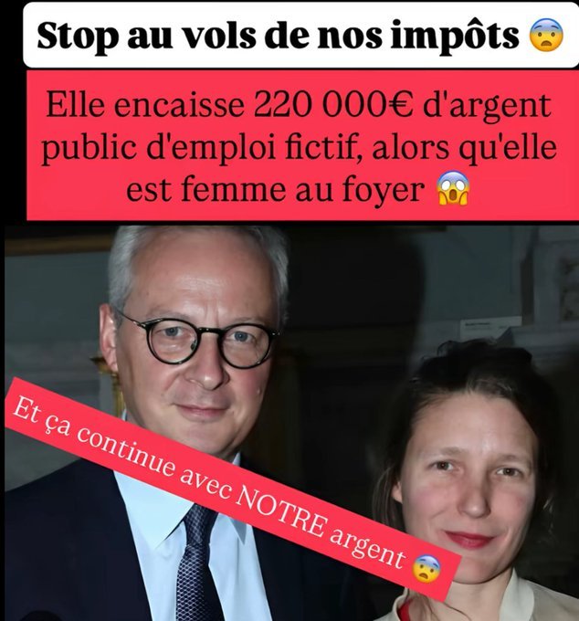 AdamGirard1990's tweet photo. 🚨 SCANDALE : La femme de Bruno Le Maire, peintre, a touché 3200€/mois pendant 6 ans comme assistante parlementaire fantôme, sans aucune preuve de travail! Enquête? Personne! Par contre pour la dette, c'est la faute des Français et des hôpitaux! https://t.co/84rIqSxY8p