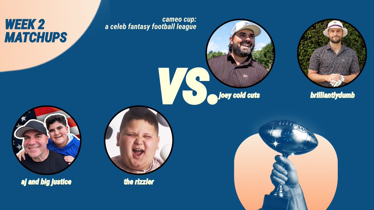 cameo_fantasy's tweet photo. 🚨 WEEK 2 MATCHUPS 🚨 

Aj and Big Justice and The Rizzler VS. Joey Cold Cuts and Brilliantlydumb

#fantasyfootball https://t.co/ZWwsjJJ343