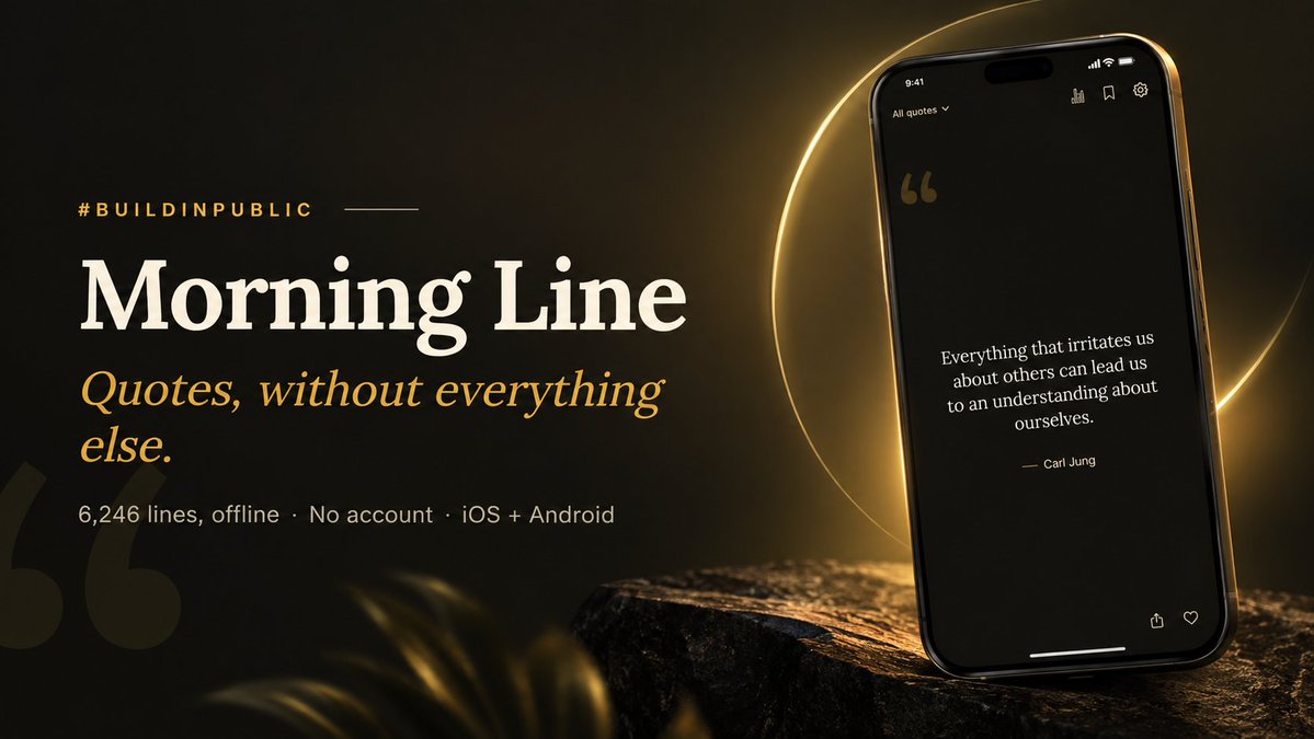 bilalwalker007's tweet photo. Most quote apps want you to stay. We @Radiator1305 and I built one that wants you to leave.

Morning Line: 6,246 quotes, fully offline, no account, no feed. Read one line and get on with your day.

iOS and Android now.#BuildInPublic https://t.co/GzLRZOLryI