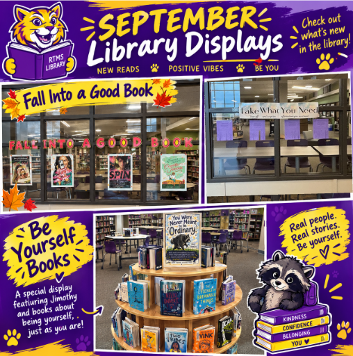 rcdavis0930's tweet photo. Oops… I forgot to post our September Library Displays! 🤦🏽♀️ Better late than never!
Come check out what’s happening in the RTMS Library! 🐯💜💛
#RTMSLibrary #Thundercats #LibraryDisplays #FallIntoAGoodBook #BeYourself #TakeWhatYouNeed #ReadMore @FBISD_Libraries @RTMSThundercats https://t.co/PbKLwDCP0f