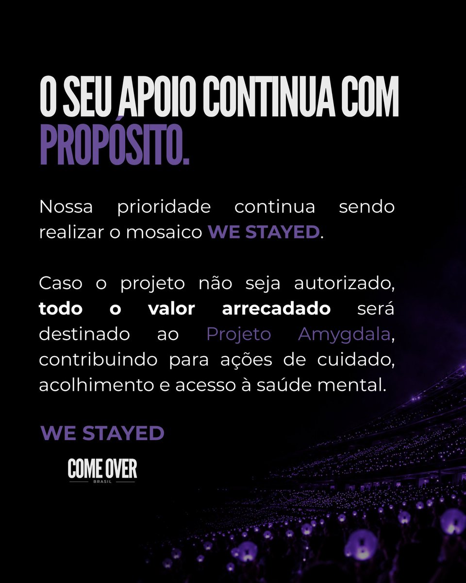 MosaicoBTS's tweet photo. COMUNICADO — AUTORIZAÇÃO
1. Sobre a autorização do Mosaico: Desde o início, esclarecemos que o projeto ainda não possui autorização oficial da LiveNationBR. Até o início de setembro, sabíamos que nenhum projeto de fãs para os shows de São Paulo havia sido oficialmente autorizado pela produção.
2. Sobre a arrecadação: fomos questionados e criticados pela demora em começar. A arrecadação só foi iniciada depois que definimos um PLANO B, justamente porque a autorização ainda não estava confirmada.
3. Situação atual: até o momento, não recebemos uma resposta negativa da LiveNationBR sobre o nosso projeto.
4. E se o mosaico não acontecer? 
Como já informado anteriormente, 100% do valor arrecadado será DOADO ao Projeto Amygdala, iniciativa do ARMY Brasil voltada à saúde mental. As doações serão utilizadas para atendimento médico e psicológico das pessoas que aguardam na fila. @projetoamygdala 

Seguimos trabalhando para que o mosaico aconteça. E, caso não seja possível, o valor arrecadado irá para uma causa justa e importante do ARMY. 💜