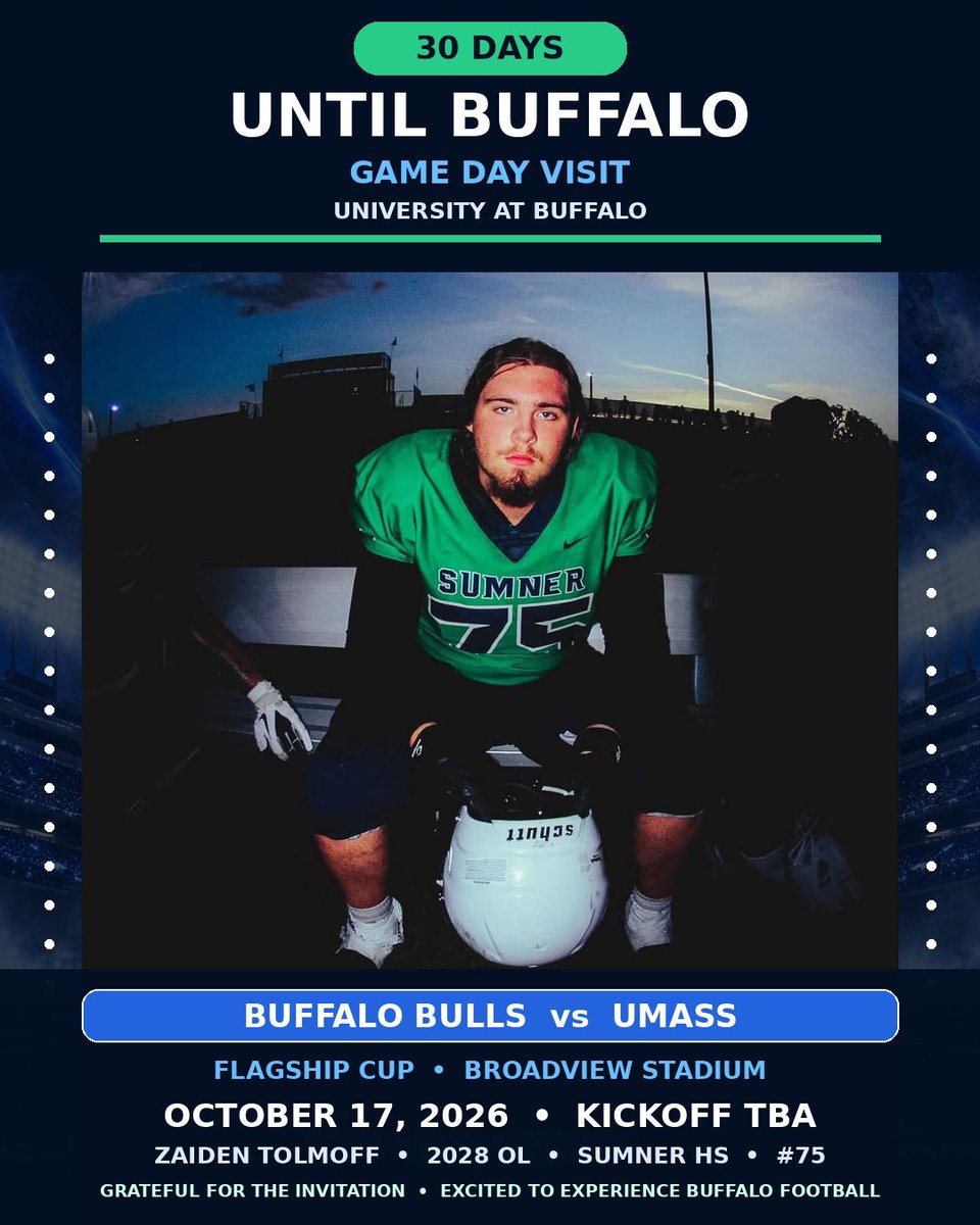 ZTolmoff's tweet photo. 30 days out! Thank you @LemboAj and @LoganNewman01 for inviting me to visit @UBuffaloFB on October 17. Excited for game day and to meet staff. Appreciate the opportunity!

Zaiden Tolmoff | 2028 OL | #75
@CooperWilliams_ @BrianDohn247
#UBhornsUP #BullMarket #2028OL #ClassOf2028 https://t.co/qaRmrzsa9y