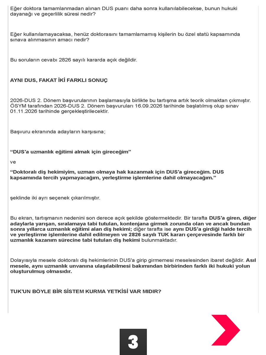 disheksen_org's tweet photo. DUS’TA AYNI SINAV, İKİ FARKLI SİSTEM

DİŞHEK-SEN OLARAK SAĞLIK BAKANLIĞINA RESMÎ BAŞVURUDA BULUNDUK
HUKUKİ BELİRSİZLİĞİN GİDERİLMESİNİ İSTEDİK

2026-DUS 2. Dönem başvurularında, doktoralı diş hekimleri için;

👉 “Uzman olmaya hak kazanmak için DUS’a gireceğim”,
👉 “Tercih yapmayacağım”,
👉 “Yerleştirme işlemlerine dahil olmayacağım”

şeklinde ayrı başvuru seçenekleri oluşturulmuştur.

Bu uygulama diş hekimliği camiasında ciddi bir rahatsızlık ve belirsizlik meydana getirmiştir.

Çünkü mevcut sistemde bir diş hekimi DUS’a girer, binlerce adayla yarışır, kontenjan içerisinde sıralamaya girebilirse uzmanlık eğitimine başlar ve yıllar süren uzmanlık eğitimini tamamladıktan sonra uzmanlık unvanını kazanır.

2826 sayılı TUK kararıyla ise belirli doktoralı diş hekimleri bakımından, tercih ve yerleştirme sistemine dahil olunmaksızın, son beş yıllık taban puan ortalaması üzerinden farklı bir uzmanlık kazanım süreci öngörülmektedir. Bu farklılık, Sendikamızın Danıştay nezdinde açtığı davada da temel itirazlarımızdan biridir.

⚠️ SORUYORUZ:

❓ Aynı DUS’a giren ve aynı uzmanlık unvanına ulaşacak diş hekimleri neden iki farklı sisteme tabi tutulmaktadır?

❓ Kanun ve yönetmeliklerle oluşturulan uzmanlık sisteminin yanında, yalnızca bir TUK kararıyla ikinci bir uzmanlık kazanım yolu oluşturulabilir mi?

❓ Doktorasını henüz tamamlamamış bir kişi bu özel statüde DUS’a nasıl girecektir? Aldığı puanı doktorasını tamamladıktan sonra kullanabilecek midir?

❓ Doktora başlangıç tarihi, mezuniyet ve alan şartlarını kim, ne zaman ve hangi resmî kayıt üzerinden denetleyecektir?

❗ Ve en önemlisi:

2826 sayılı TUK kararının iptali ve yürütmesinin durdurulması istemiyle DİŞHEK-SEN tarafından açılan dava hâlen devam ederken, yargısal denetim tamamlanmadan bu sistem neden fiilen uygulamaya geçirilmektedir?

🚩 DİŞHEK-SEN TARAFINDAN TUK KARARINA YÖNELİK AÇILAN DAVADA açıkça belirttiğimiz üzere; süreç sonunda uzmanlık belgeleri düzenlenir, uzmanlık statüleri kazanılır ve buna bağlı atama ve özlük hakları doğarsa, daha sonra verilebilecek bir iptal kararının uygulanması son derece güç hâle gelebilecektir.

🚨 Altını özellikle çiziyoruz:

İtirazımız doktora eğitimine veya doktoralı diş hekimlerinin akademik yeterliliğine değildir.

İtirazımız; uzmanlık unvanının kazanılma şartlarının açık kanuni dayanak olmaksızın değiştirilmesine, aynı sınava giren kişiler için farklı kurallar oluşturulmasına ve hukuka uygunluğu hâlen yargı önünde tartışılan bir sistemin geri dönüşü güç sonuçlar doğuracak şekilde uygulamaya geçirilmesine ilişkindir.

🚩 Bu kapsamda Sağlık Bakanlığına resmî başvurumuzu yaptık.

DUS’a hazırlanan, uzmanlık eğitimi alan ve uzmanlık eğitimini tamamlamış binlerce diş hekiminin yaşadığı eşitlik, hukuki güvenlik ve belirlilik kaygılarının giderilmesini ve kamuoyunun açık biçimde bilgilendirilmesini talep ettik.

Diş hekimliğinde uzmanlık sisteminin temel kuralları açık, öngörülebilir ve herkes için hukuka uygun olmalıdır.

@saglikbakanligi
@drmemisoglu
@YuksekogretimK
@erolozvar
@sagliklicozum
@tcbestepe
@TBMMresmi

✅ DİŞHEKSEN faaliyetlerini incelemek ve üye olmak için
🔗 https://t.co/uXTsEApaRM