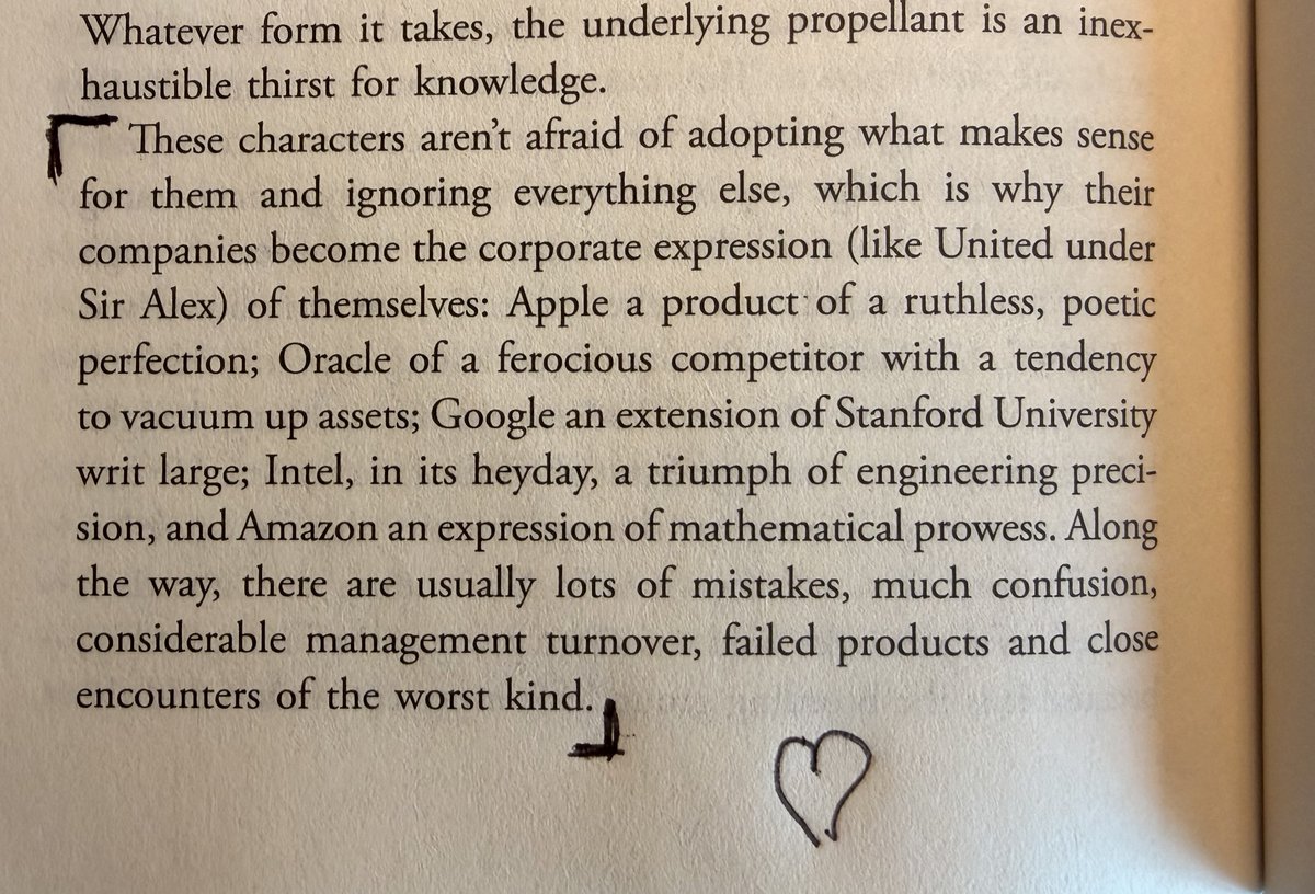 dgolomid's tweet photo. "Great companies are simply the corporate expression of their founders." — Michael Moritz, The Leading

One of the best books I've ever read - it describes that  culture beat numbers/traction all over and over again...

Culture is just the founder, copied a thousand times. 
- Apple got poetic perfection. 
- Oracle got a street fighter. 
- Google got a research university. 
- Amazon got a spreadsheet.
- Intel got a engineering precision as religion.

You don't pick your culture. You are it. And every one of those companies looked like a disaster from the inside first, dead products, churned execs, years of "we have no idea what we're doing." The identity was there the whole time. The results just took a decade to catch up.

@patrick_oshag Thank you for such an amazing podcast! 🩷