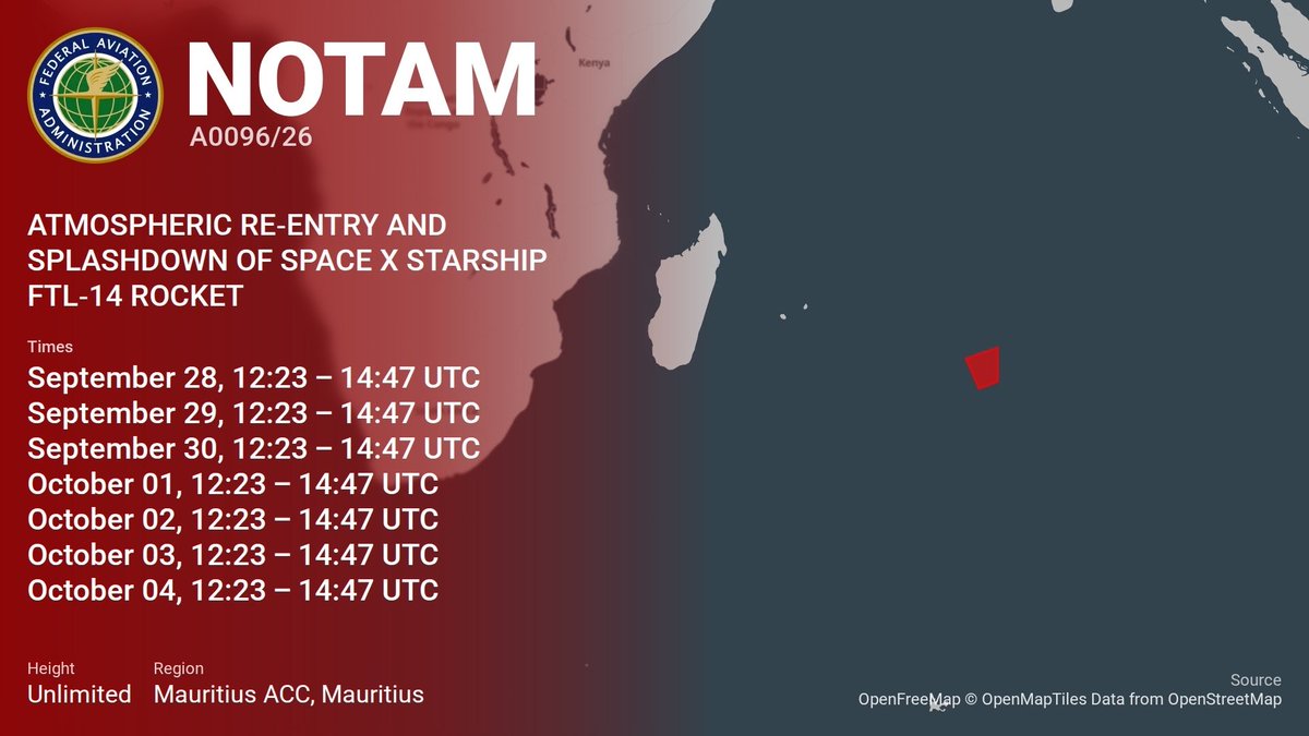 SpaceNotices's tweet photo. The Starship Flight 14 NOTAM for the Indian Ocean has been replaced and now starts on September 28 indicating a 6 day delay

https://t.co/NPK1PC5TN6 https://t.co/E8cfECdpmh
