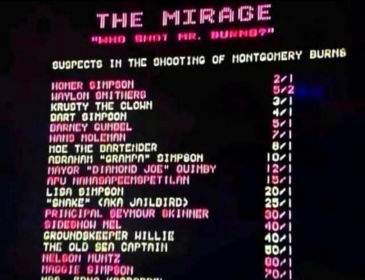 Cambone88's tweet photo. The Las Vegas odds for Who Shot Mr Burns? In 1995

#TheSimpsonsGoats #TheSimpsons #SimpsonsForever https://t.co/GDNE3Ryzyh