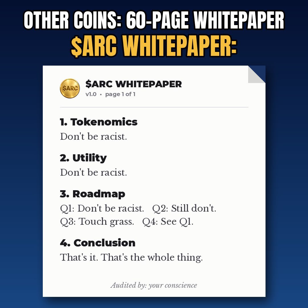 ARConARC_'s tweet photo. $ARC WHITEPAPER IS LIVE 

No PhD required

Just: Be anti-racist
Say no to racism RT
Tag your fellow $ARC holders

The movement is already here

Anti Racist Coin $ARC https://t.co/WcsjKDBVl3