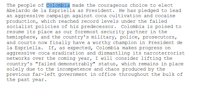 APjoshgoodman's tweet photo. Trump drops Venezuela from U.S. blacklist of countries not doing enough to fight drug trafficking.

Says Colombia, under @AbelardoPTE, is "poised to resume its place as [U.S.'] foremost partner" in drug war but Mexico must do "far more," including attacking public corruption!!! https://t.co/II8DgCLfqW
