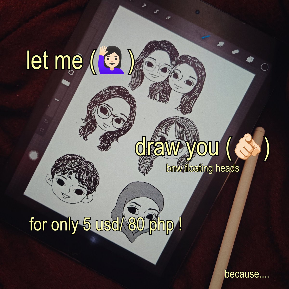 nooneisher__e's tweet photo. hello hello hello hehe
let me draw you, ur partner, ur friend or ur pet !

pa comms na kayo pls para mapalitan ko na ang naghihingalo kong ipad 😫 thank u in advance mwamwa

— full commission sheet here:
https://t.co/pqYWh6AVeK https://t.co/NA47yfopLe
