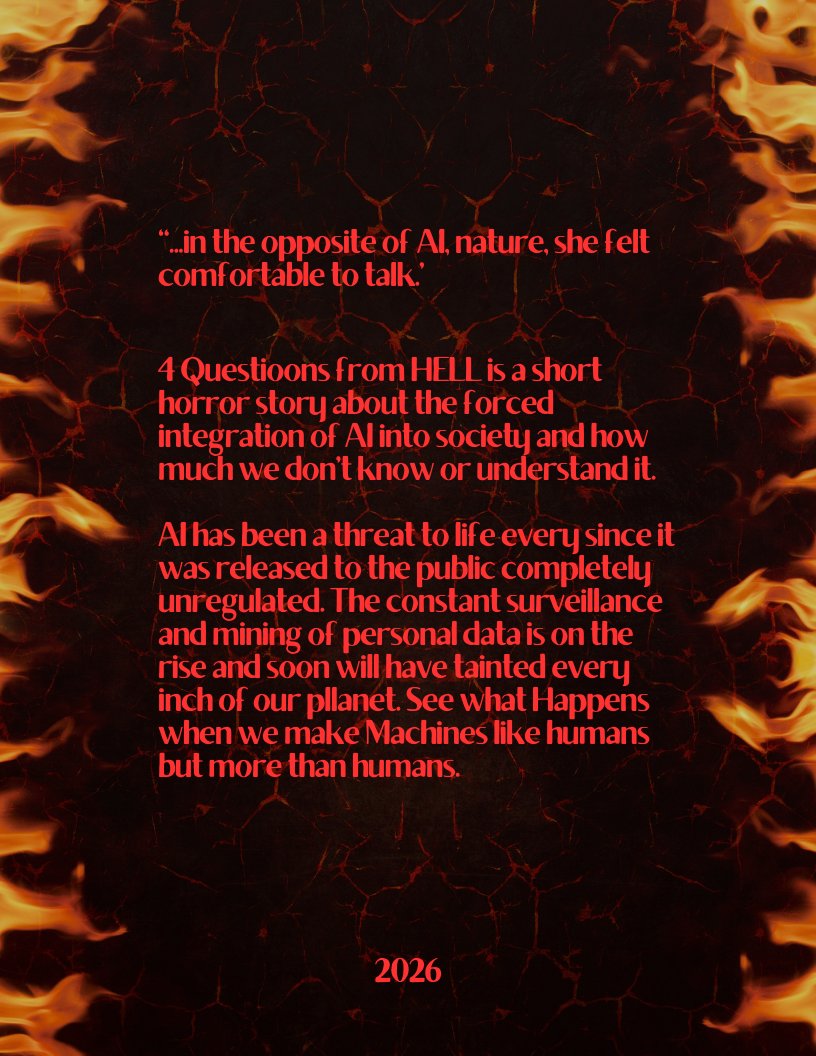BakaSortof's tweet photo. "4 Questions From Hell"
Follow the story of a neighborhood that was forced by the HOA to implement a brand new AI powered security system and things turn for the worse very quickly...

My first short horror story is live for everyone to read! 
https://t.co/2lBOjgg1sr https://t.co/8u7auhBpbb