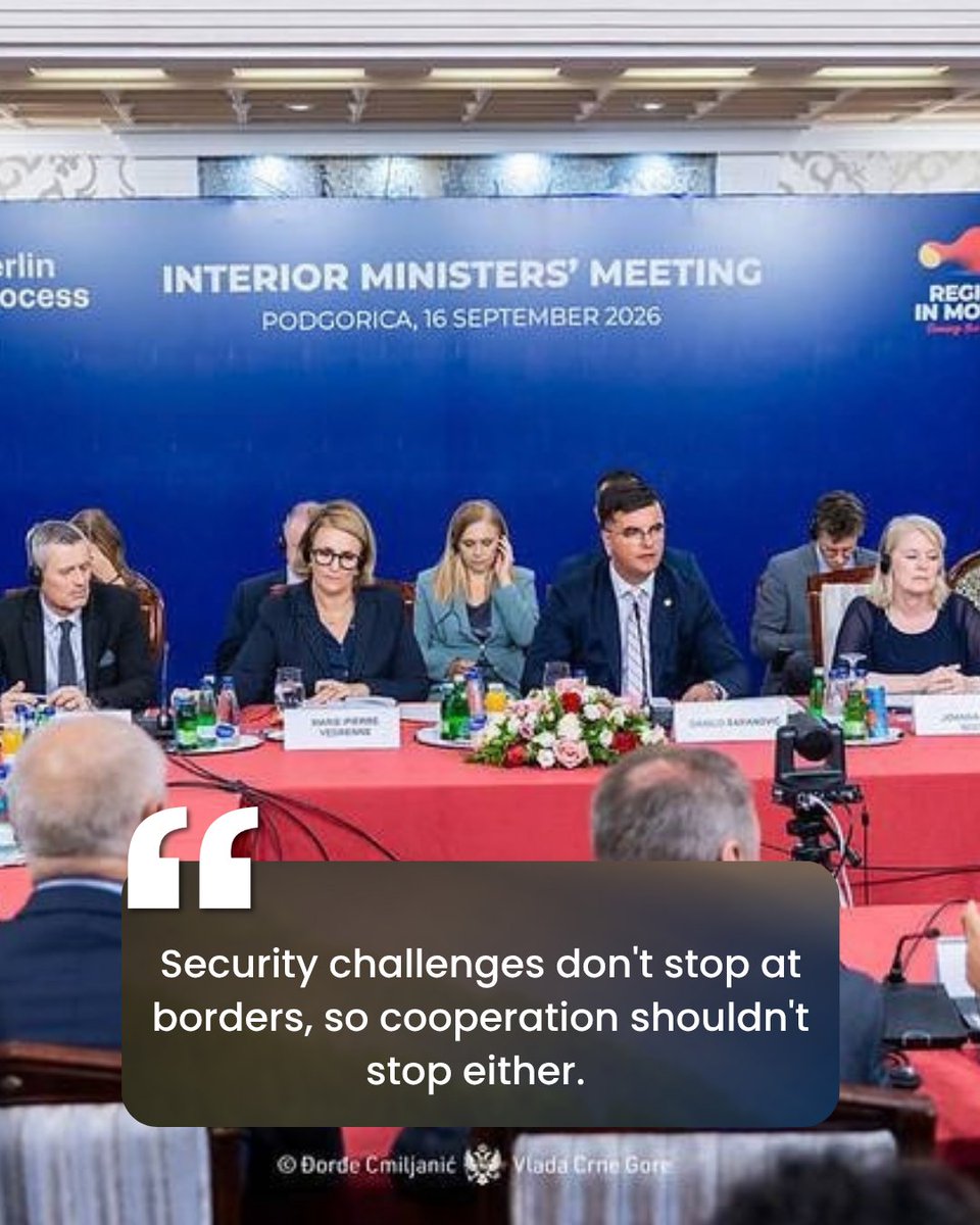 BerlinProcessWB's tweet photo. Security challenges don’t stop at borders, so cooperation shouldn’t either🤝
At the crossroads of Europe, WB6 face challenges, from organised crime to irregular migration.
At the Interior Ministers' meeting in Podgorica, partners discussed how cooperation can strengthen security. https://t.co/boeoDoW5pa