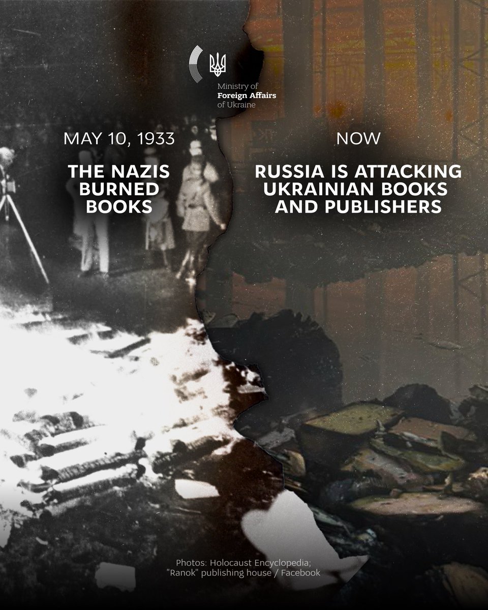 MFA_Ukraine's tweet photo. The Nazi book burnings of the 1930s, a nationwide campaign “against the un-German spirit”, remain among the darkest symbols of totalitarian and genocidal evil.

Today, under the absurd and cynical guise of “denazification”, Russia is deliberately destroying Ukrainian books and Ukraine’s entire publishing infrastructure.

Russia is systematically destroying an entire sector of Ukraine’s creative economy. In just one month this summer, Russian attacks destroyed around 10 million Ukrainian books – roughly a third of Ukraine’s annual book production. Among them were around 600,000 school textbooks on Ukrainian history, languages, science and other subjects, ready for delivery to Ukrainian schools.

The attempt to erase the Ukrainian written word is part of the genocidal pattern of Russia’s war. It is an attack on Ukraine’s identity, driven by fear of what these books represent. In the temporarily occupied territories, the destruction of Ukrainian books paves the way for indoctrination through Russian propaganda.

The best way to support Ukraine’s publishing industry is to provide Ukraine with more air defence.

Today, on Berlin’s Bebelplatz, where one of the largest Nazi book burnings took place in May 1933, a memorial bears a quotation from Heinrich Heine:

“That was but a prelude; where they burn books, they will ultimately burn people as well.”