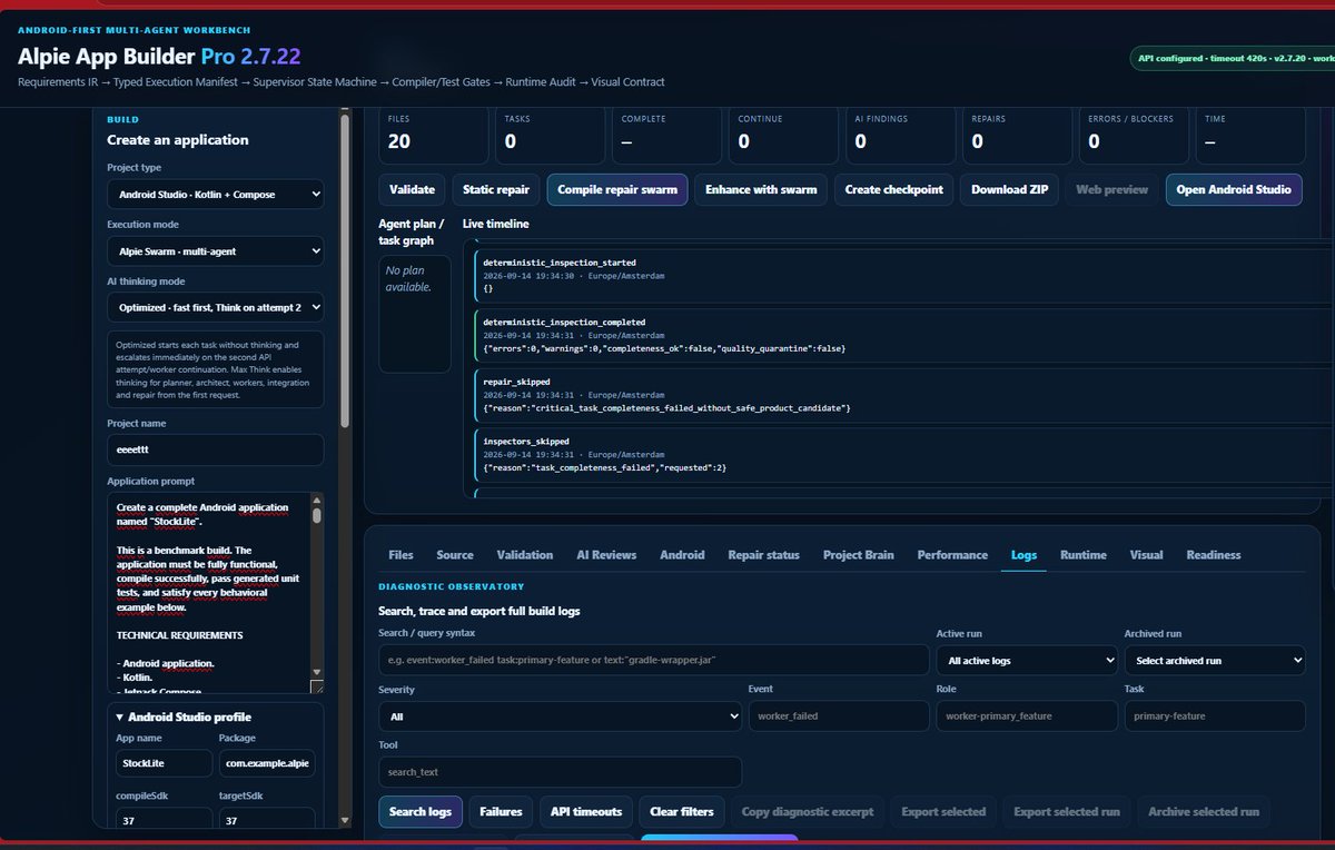 MoonMissionOn's tweet photo. Than came the idea to build Pro wersion that can build Android Apps 
It has testing unit, repair mechanism, logging, access to files to search for code with error and can fix it + many more features

The possibilities are endless.... Started as something fun but evolved into something bigger.

I can now say that the competition in AI sector is growing fast and Alpie is a real deal.

Try for yourself, awaken your creativity and start building tools or whatever you want  @169Pi_ai