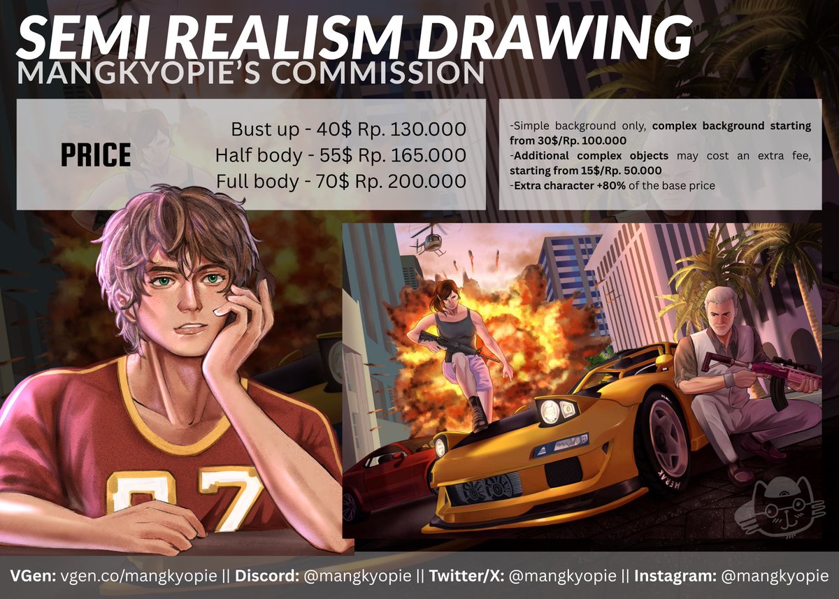 mangkyopie's tweet photo. LIKES 💞 &amp; REPOSTS🔄 are very appreciated!‼️🙏

hi everyone,
my COMMISSION is OPEN!
I do various style (rendered, semi realism, cars, non human characters)
more details in pictures
#opencommission #VgenCommㅤ https://t.co/PaxhRftPsN