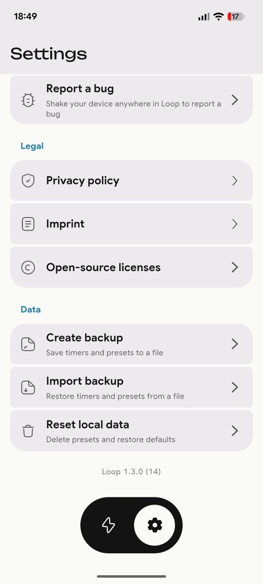 tom_vogel_dev's tweet photo. Loop 1.3 is out 🎉
I didn’t want flashy features. I wanted Loop to feel easier to trust and improve:
• local backup + restore
• shake-to-report with optional diagnostics
No account or cloud required. Small release, but Loop feels more complete now.
#buildinpublic #flutter https://t.co/n4Pki4OkU1