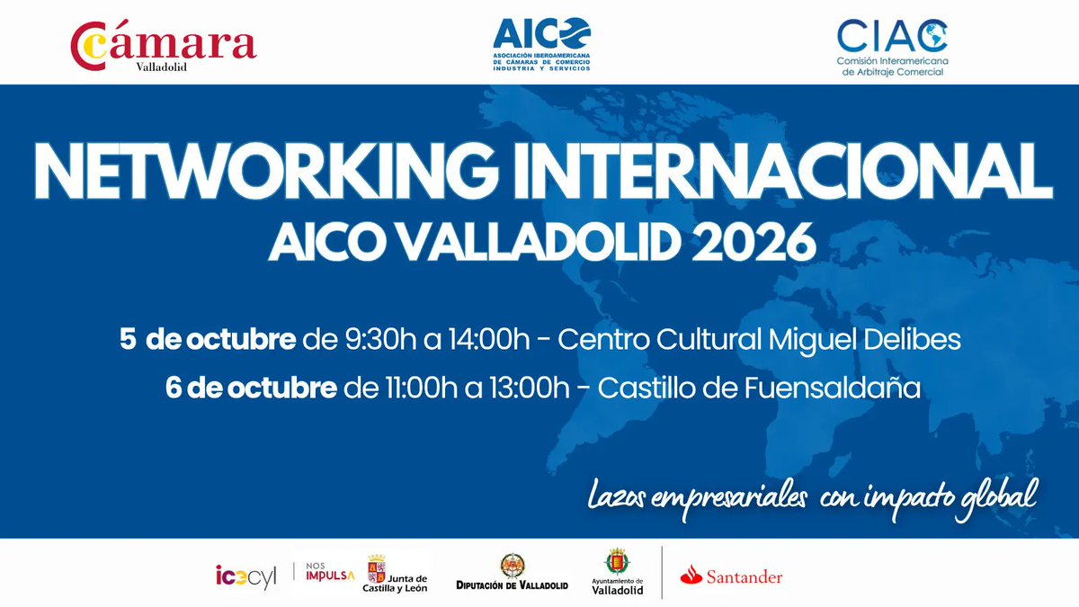 cam_valladolid's tweet photo. 🚀 Tu próxima oportunidad #internacional puede estar a una conversación de distancia.
Participa en el #Networking Internacional de #AICO Valladolid 2026 y conecta con representantes de Latinoamérica y África.
📅 5 y 6 de octubre
https://t.co/pYroXPpRPp https://t.co/LVxDEXFMGS