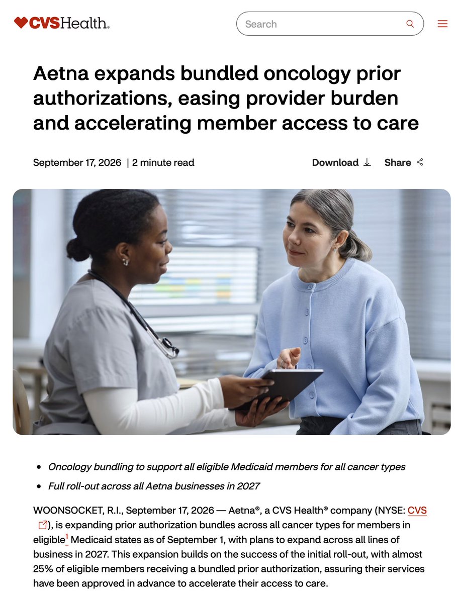 DrPatrick's tweet photo. What a forward looking organization @Aetna! Congratulations on addressing the administrative burden of doctors looking after patients with cancer and instituting a modernized oncology prior authorization system.  

The potential for patients and their doctors accessing state of the art clinical trials as a "trial match" is now real.

https://t.co/xDMNut4KVu