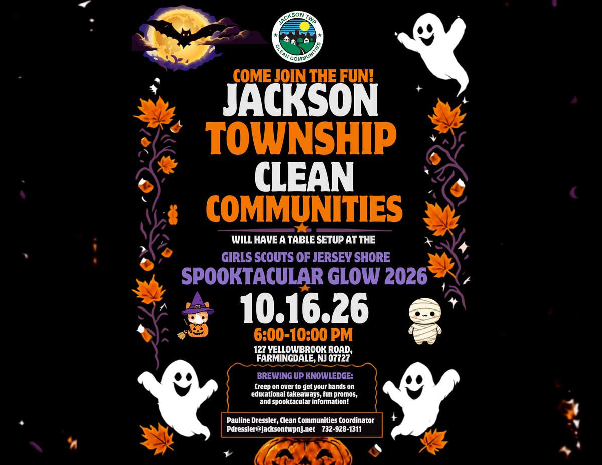 Jackson_Twp's tweet photo. 🎃**Come Join the Fun!** 🎃
Jackson Township **Clean Communities** will be joining the **Girl Scouts of the Jersey Shore Spooktacular Glow 2026!**
 📅**Friday, October 16, 2026**
 🕐**6:00–10:00 PM**
 📍**127 Yellowbrook Road, Farmingdale, NJ 07727** https://t.co/2JXqbx1wms