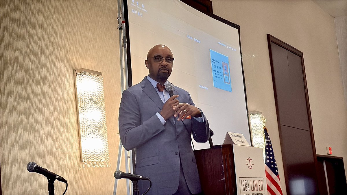 ISBAlawyer's tweet photo. “Every person we deal with matters. Engage everyone.” -Hon. Vincent F. Cornelius

#ISBA Past President (2016–17) Judge Cornelius shared valuable lessons from his experience hanging his shingle and opening his own law firm with attendees at this morning’s #SSFC26. https://t.co/ETYaHdYx7G