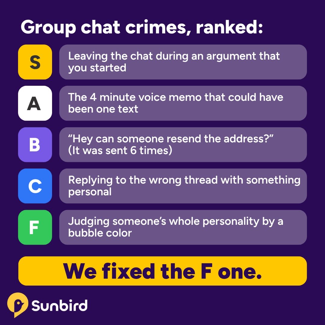 sunbirdapp's tweet photo. Ranked by how fast the chat turns on you. We only fixed one of these.

 #imessage #teamandroid #android #greenbubble https://t.co/cnrnFLI6dn