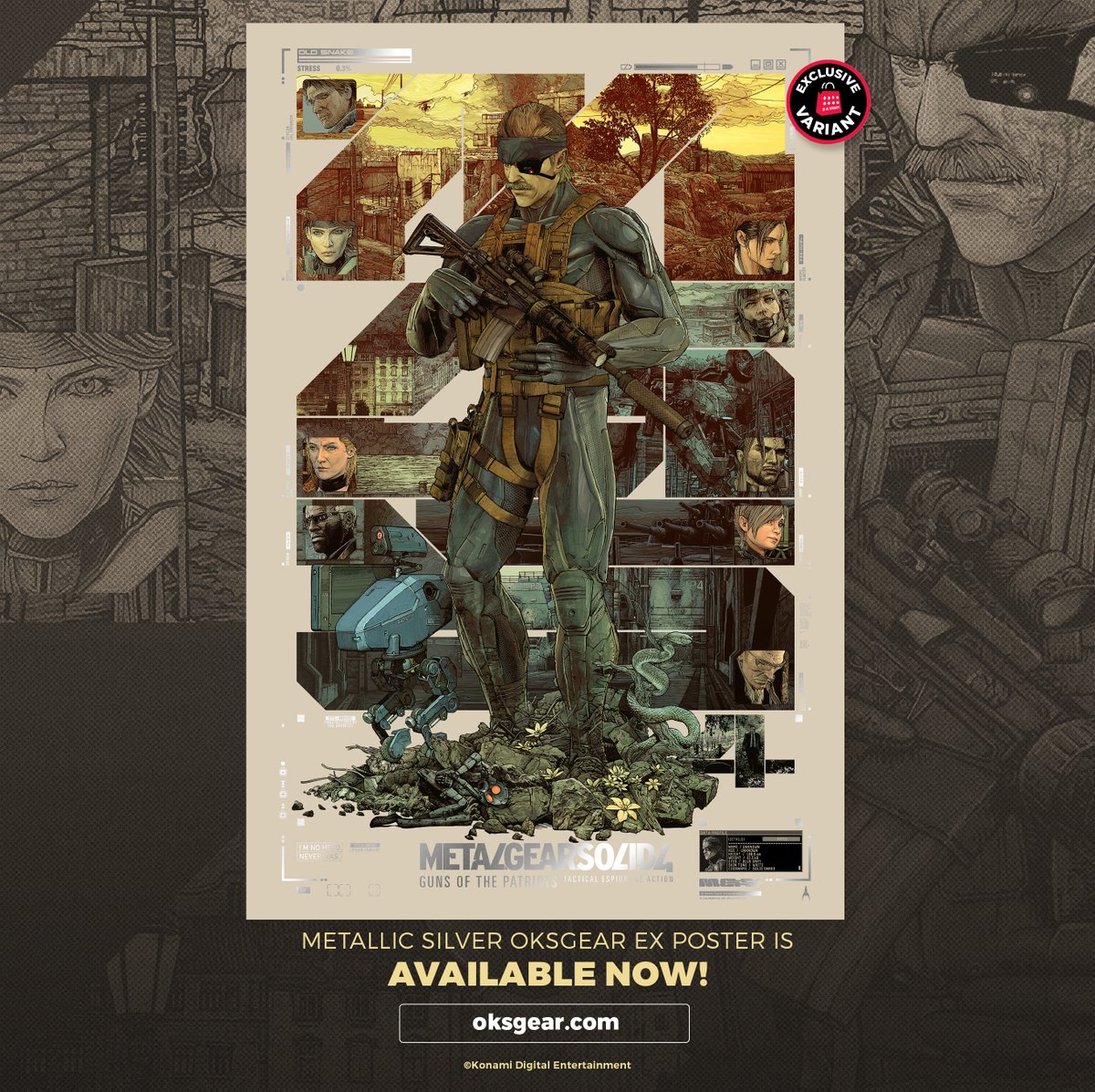OKSGEAR's tweet photo. Art Meets Espionage! 

APOLLO is thrilled to announce the next instalment in our METAL GEAR collaboration with Konami Digital Entertainment celebrating the iconic world of METAL GEAR through the eyes of two renowned artists: Krzysztof Domaradzki and Jake Kontou. 

Created for the release of METAL GEAR SOLID: MASTER COLLECTION Vol.2, this limited edition poster set brings together two distinctive artistic visions inspired by one of gaming’s most influential franchises.  

Krzysztof Domaradzki’s work for Metal Gear Solid 4: Guns of the Patriots delivers his signature graphic sensibility and striking compositions, while Jake Kontou's art for Metal Gear Solid: Peace Walker brings his bold, expressive style to the world of espionage and tactical stealth operations. 

Exclusive OKSGEAR Editions are printed on a MIRRI foil stock featuring silver metallic effects 

Together, the two posters form a celebration of METAL GEAR’s enduring impact on visual culture and a collector’s piece for longtime fans and newcomers alike. 

METAL GEAR SOLID: MASTER COLLECTION Vol.2 OKSGEAR Exclusive posters are now available for pre-order at https://t.co/Q8kaEsUPL6 ! 

@Konami @jakekontou @apollodrops