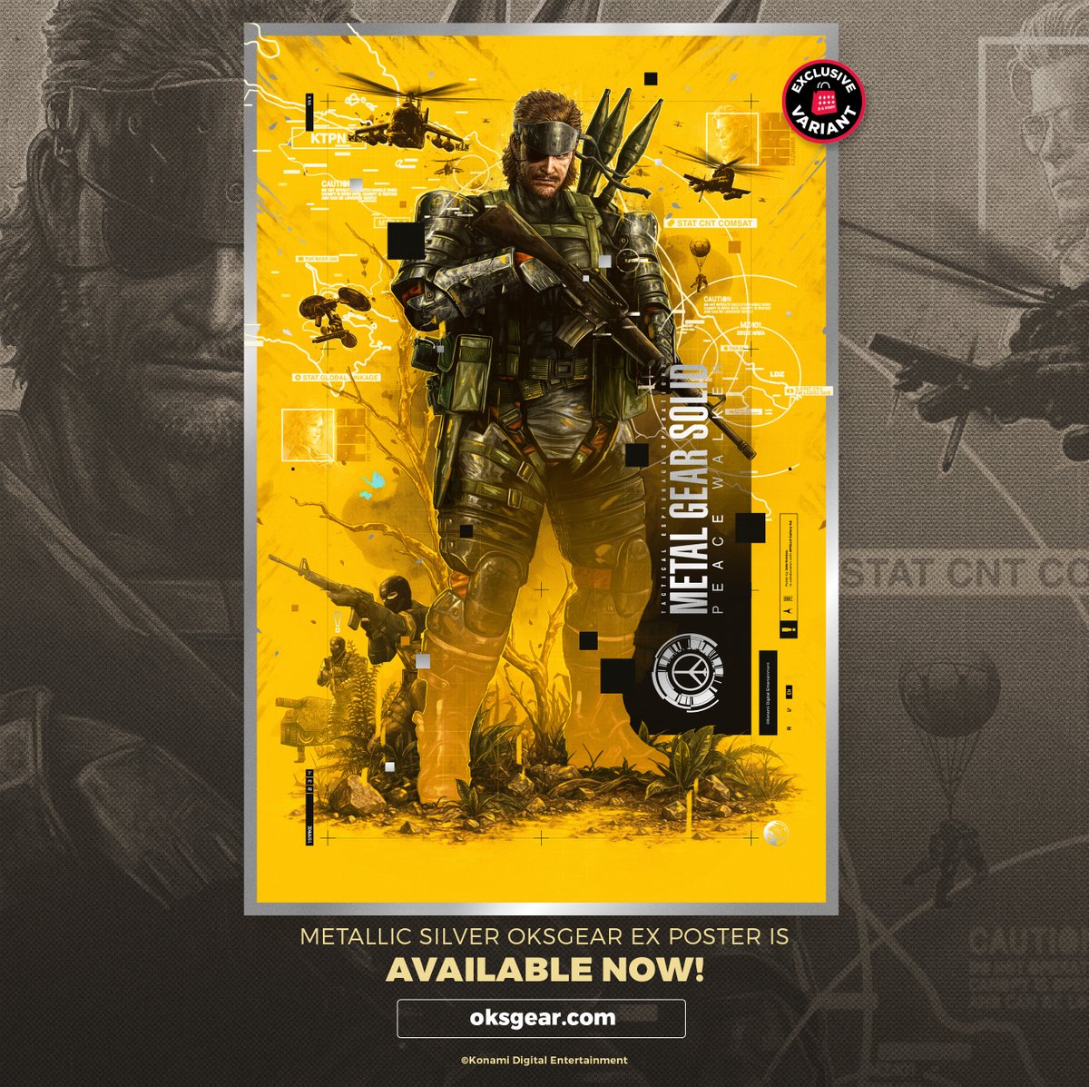 OKSGEAR's tweet photo. Art Meets Espionage! 

APOLLO is thrilled to announce the next instalment in our METAL GEAR collaboration with Konami Digital Entertainment celebrating the iconic world of METAL GEAR through the eyes of two renowned artists: Krzysztof Domaradzki and Jake Kontou. 

Created for the release of METAL GEAR SOLID: MASTER COLLECTION Vol.2, this limited edition poster set brings together two distinctive artistic visions inspired by one of gaming’s most influential franchises.  

Krzysztof Domaradzki’s work for Metal Gear Solid 4: Guns of the Patriots delivers his signature graphic sensibility and striking compositions, while Jake Kontou's art for Metal Gear Solid: Peace Walker brings his bold, expressive style to the world of espionage and tactical stealth operations. 

Exclusive OKSGEAR Editions are printed on a MIRRI foil stock featuring silver metallic effects 

Together, the two posters form a celebration of METAL GEAR’s enduring impact on visual culture and a collector’s piece for longtime fans and newcomers alike. 

METAL GEAR SOLID: MASTER COLLECTION Vol.2 OKSGEAR Exclusive posters are now available for pre-order at https://t.co/Q8kaEsUPL6 ! 

@Konami @jakekontou @apollodrops