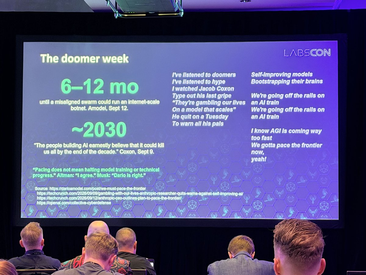 LabsSentinel's tweet photo. Next up: One of our first, and longest, supporter to @labscon_io, Katie Moussouris @LutaSecurity 

“We can't fight AI with human speeds, you need to fight it with other AI” ~Katie Moussouris https://t.co/L47qXGNj4S