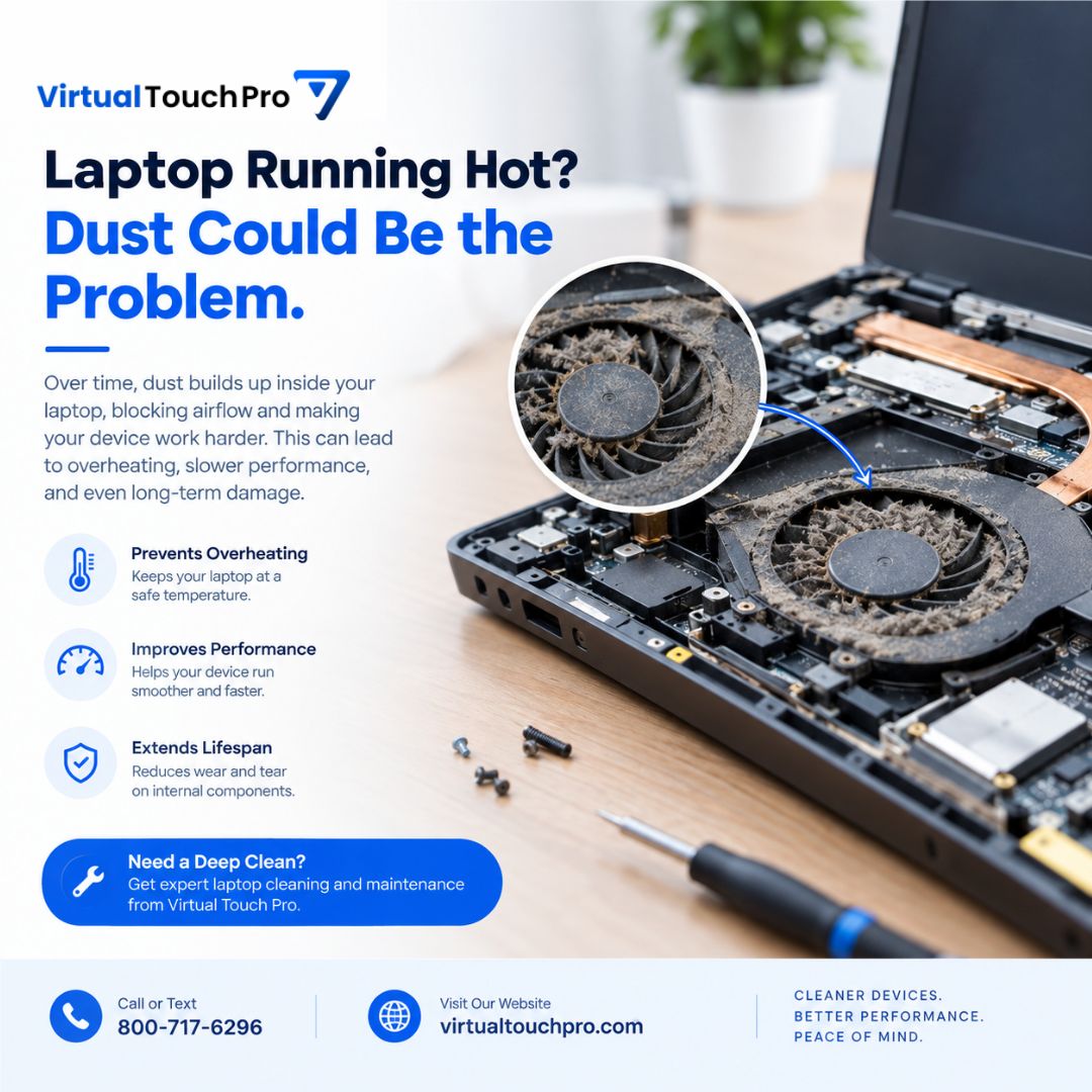 VirtualTouchPro's tweet photo. Laptop Running Hot? 💻🌡️

Dust buildup can restrict airflow and make your laptop work harder to stay cool.

It may contribute to:
🌡️ Overheating
🐌 Slower performance
🔊 Louder fans
⚙️ Extra component wear

A professional cleaning can help keep your device running smoothly. https://t.co/lWcrpRQEjS