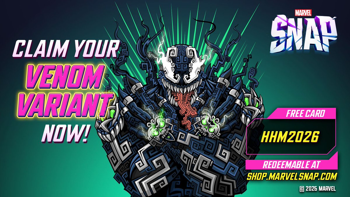 MARVELSNAP's tweet photo. Happy Hispanic Heritage Month! A free Venom variant is yours with code HHM2026 on the MARVEL SNAP Web Shop, starting September 17. https://t.co/VhbgPJTNov