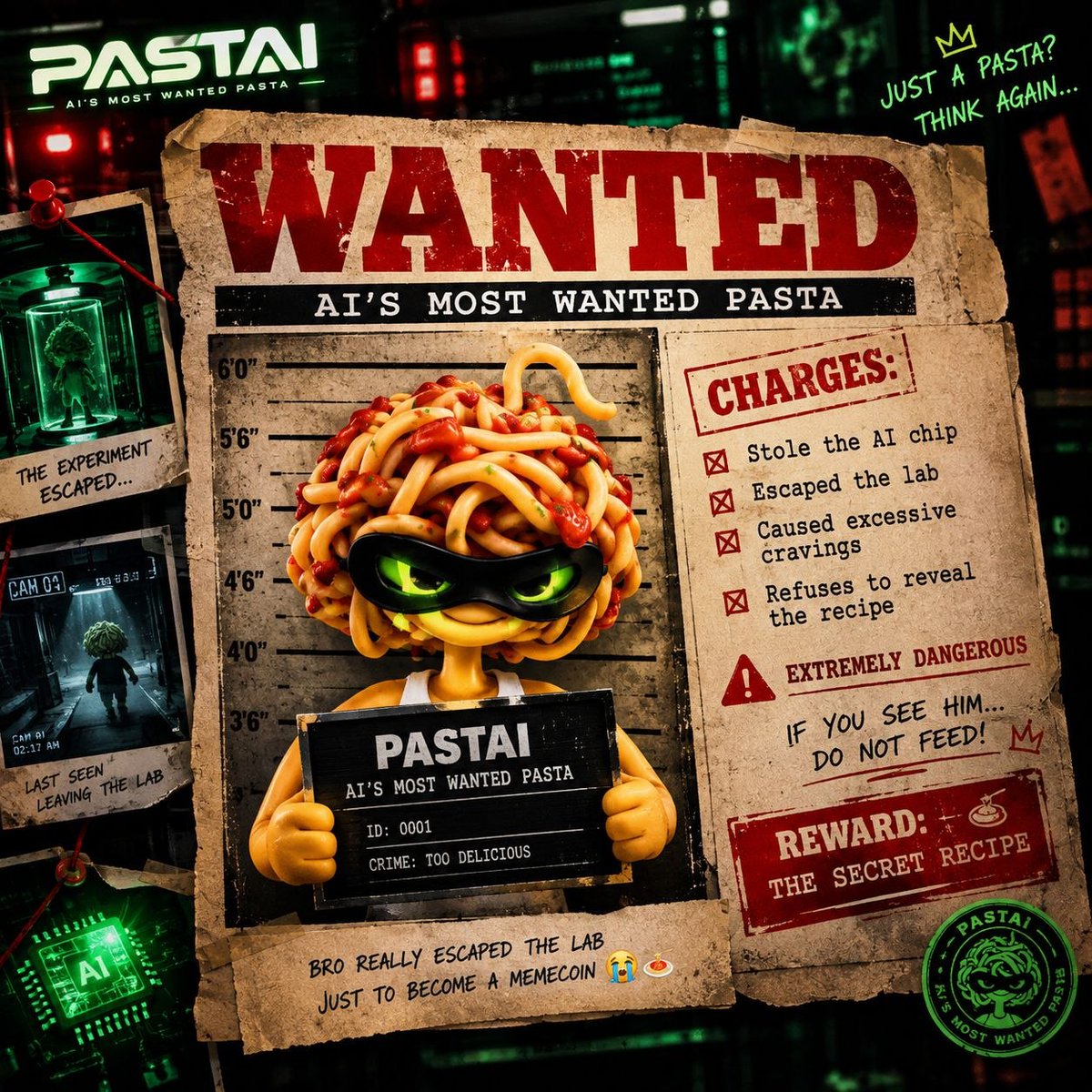 MeetPASTAI's tweet photo. COMMUNITY INTEL!🚨
PASTAI has officially been placed on the community’s most-wanted list. 🤖🍝

Charges:
• Stole the AI chip
• Escaped the lab
• Caused excessive cravings
• Refuses to reveal the recipe
Made by a member of the PASTAI community.
They’re not just following the story anymore - they’re building it.