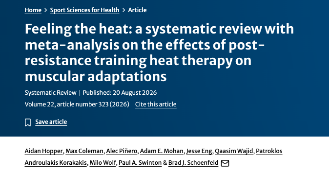 foundmyfitness's tweet photo. Passive heat exposure after resistance training may lead to greater muscle hypertrophy.

There's not yet conclusive evidence, but this new meta-analysis by @BradSchoenfeld suggests there may be some benefit! 

Heat itself is a cellular stressor, and research has shown that adding whole-body heat after exercise can increase heat-shock protein expression and activate mTOR signaling. That provides a plausible mechanism.

My protocol lately has been about 20 minutes in a 180-degree F sauna after lifting. I do it for the muscle adaptations along with the well-evidenced cardiovascular and brain health benefits.