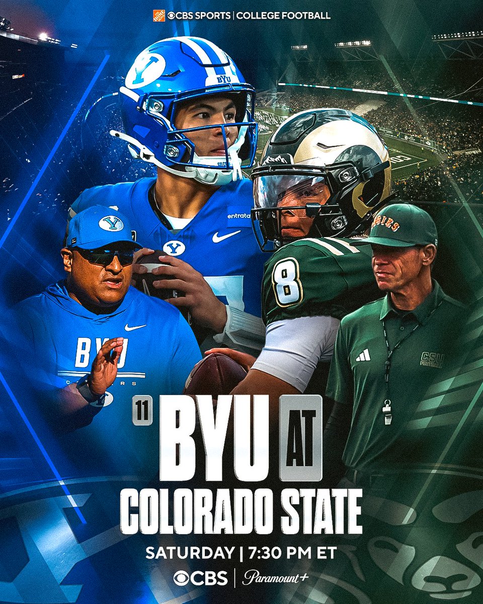 CBSSportsCFB's tweet photo. It's a primetime showdown in the Rocky Mountains this Saturday 🍿

No. 11 @BYUfootball takes on @CSUFootball at 7:30 PM ET

📺 CBS | @paramountplus https://t.co/BaMG7na4TP