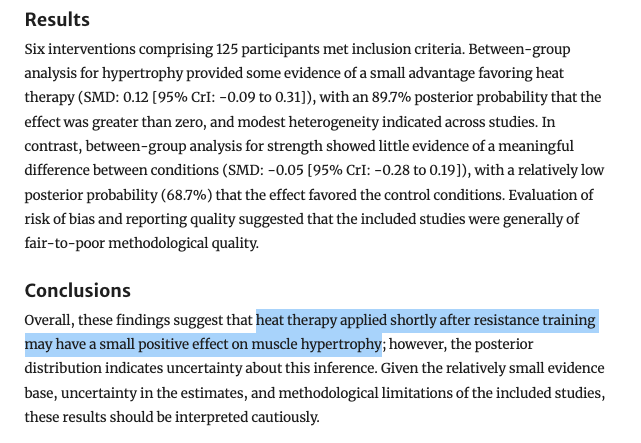 foundmyfitness's tweet photo. Passive heat exposure after resistance training may lead to greater muscle hypertrophy.

There's not yet conclusive evidence, but this new meta-analysis by @BradSchoenfeld suggests there may be some benefit! 

Heat itself is a cellular stressor, and research has shown that adding whole-body heat after exercise can increase heat-shock protein expression and activate mTOR signaling. That provides a plausible mechanism.

My protocol lately has been about 20 minutes in a 180-degree F sauna after lifting. I do it for the muscle adaptations along with the well-evidenced cardiovascular and brain health benefits.