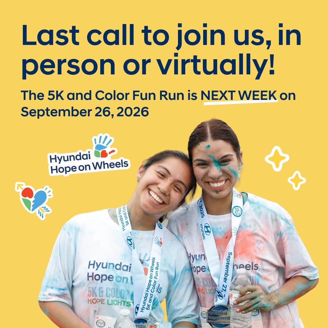 hopeonwheels's tweet photo. One week to go! ⏳ There's still time to sign up for the Hyundai Hope on Wheels 5K &amp; Color Fun Run, in person or virtually. Run for local orgs and non-profits making a real impact. Learn how to log your miles: https://t.co/JSBKsHOPuA https://t.co/TGtuhJD2NT