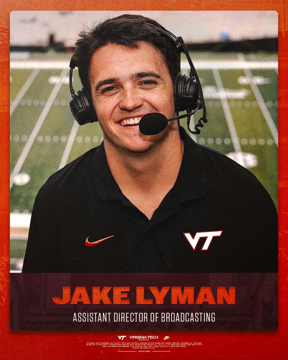 Jake Lyman poses for a picture with a headset on. The graphic is announcing Jake's hiring as Assistant Director of Broadcasting at Virginia Tech. There is a football field in the background.