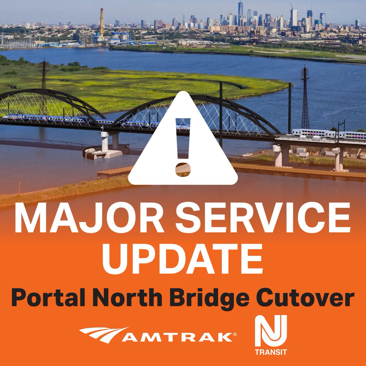 NJTRANSIT's tweet photo. Amtrak and NJ TRANSIT will perform critical construction to transfer, or “cut over,” rail operations from the 116-year-old Portal Bridge to the new Portal North Bridge. This work will require temporary but significant service changes starting Sunday, October 11. Learn more at https://t.co/EhXjod760p