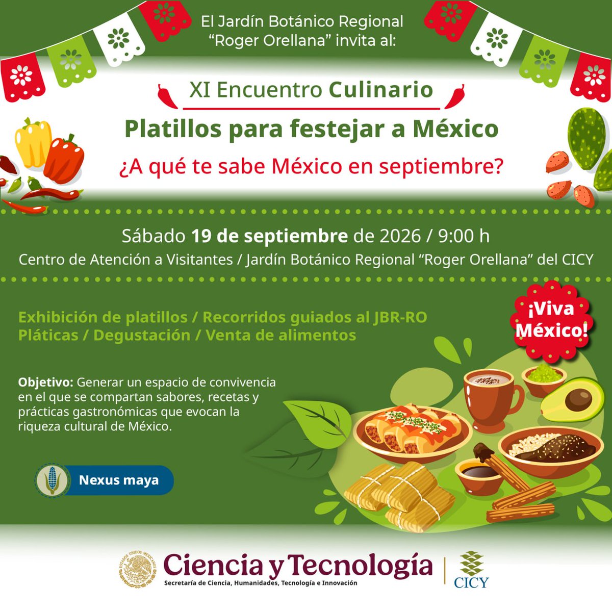 CICYoficial's tweet photo. Este mes, el Jardín Botánico Regional “Roger Orellana” del #CICY te invita a descubrirlo a través de sus sabores, aromas y tradiciones en el XI Encuentro Culinario “Platillos para festejar a México”. https://t.co/irgMxyjcaU