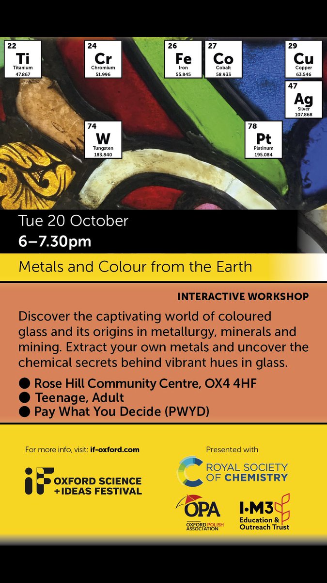 Oxford_IF's tweet photo. Colour &amp; chemistry events for you
🔬 Grind rock for copper &amp; make real silver at Rose Hill; 20 Oct
🎨 Examine glass chemistry at Modern Art Oxford; 22 Oct
✨ EXPLORAZONE's day of science; 17 Oct
🔥 Enamel a pendant at Lucia Goldsmiths; 19 &amp; 26 Oct
tickets: https://t.co/nbSIhhqb9d https://t.co/DMGYv2trhJ