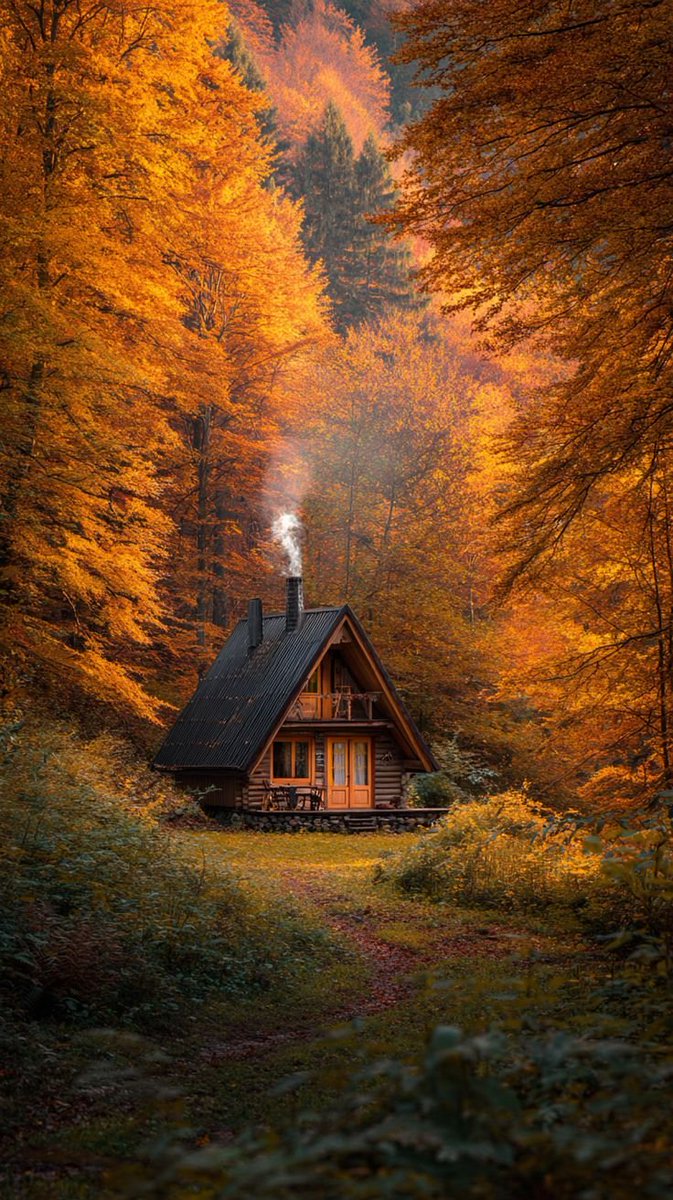 cabinsmountain's tweet photo. Autumn outside. A fire inside. Smoke drifting from the chimney and a warm drink in your hands. No schedules, no noise. Just a little cabin in the woods and an evening that asks nothing from you. https://t.co/oBLVOKYjSN