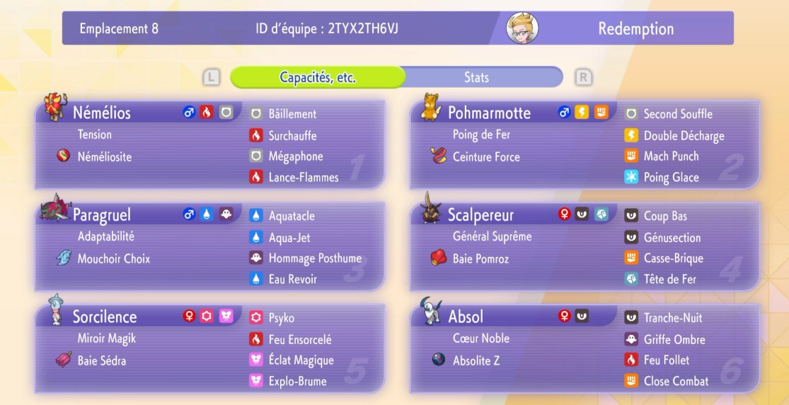 RedemptionBj's tweet photo. Pour les fans de 3V3, team fun SACRIFICE sur Pokémon Champions ☠️
Le principe, lead une Méga, gratter la team adverse, puis ressusciter la Méga pour continuer la pression, et si besoin terminer avec Paragruel (les morts ressuscités compte pour Hommage Posthume). https://t.co/JjKDGSiMii